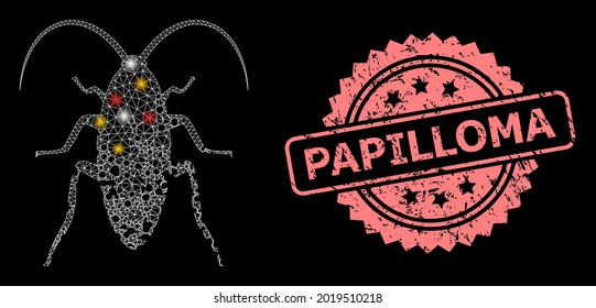 Shiny mesh network damaged cockroach with light dots, and Papilloma dirty rosette stamp seal. Illuminated vector model created from damaged cockroach pictogram.