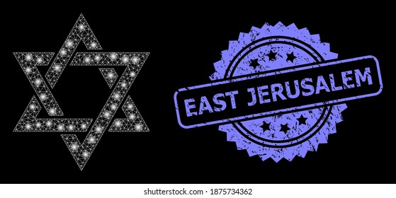 Shiny mesh network david star with light spots, and East Jerusalem scratched rosette seal. Illuminated vector constellation created from david star icon.