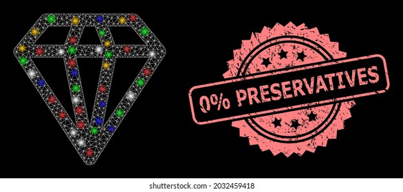 Shiny mesh network diamond with light spots, and 0 percent Preservatives corroded rosette stamp seal. Illuminated vector mesh created from diamond symbol.
