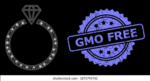 Shiny mesh network diamond ring with glowing spots, and GMO Free unclean rosette seal imitation. Illuminated vector model created from diamond ring icon. Blue seal has GMO Free tag inside rosette.