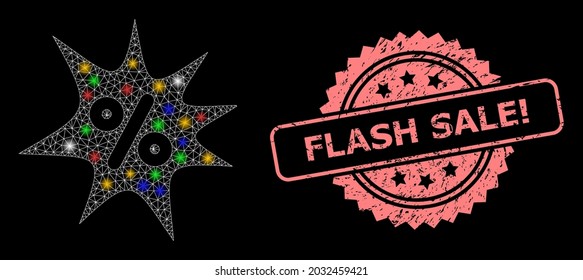 Shiny mesh network discount boom with flash nodes, and Flash Sale Attention corroded rosette stamp seal. Illuminated vector mesh created from discount boom icon.