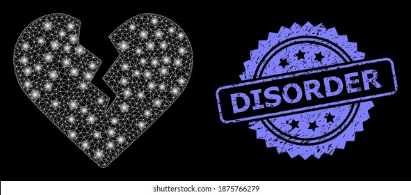 Shiny mesh network divorce heart with glowing spots, and Disorder corroded rosette seal. Illuminated vector model created from divorce heart icon. Blue seal contains Disorder text inside rosette.