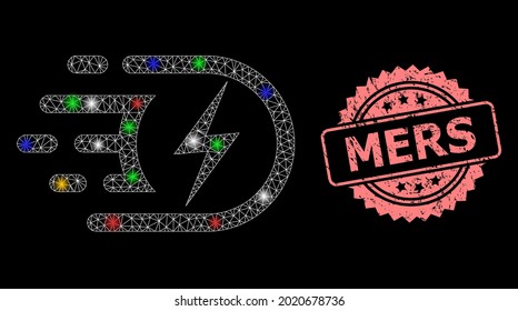 Shiny mesh network electric voltage with glowing spots, and Mers grunge rosette seal print. Illuminated vector mesh created from electric voltage symbol. Pink seal contains Mers text inside rosette.