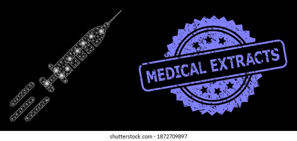 Shiny-Mesh-Netzwerk Express-Impfstoff mit Lichtflecken und Medical Extracts Gummi Rosette Stempel. Illuminiertes Vektormodell, das aus einem Express-Impfstoff-Symbol erstellt wurde.
