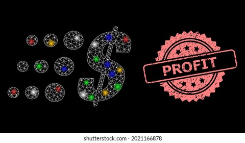 Shiny mesh network fast dollar with glowing spots, and Profit textured rosette seal print. Illuminated vector structure created from fast dollar symbol.