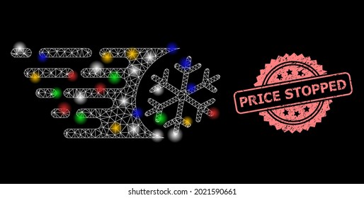 Shiny mesh network fast freezing with bright dots, and Price Stopped textured rosette stamp. Illuminated vector mesh created from fast freezing pictogram.
