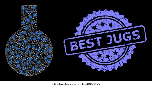 Shiny mesh network glass flask with glowing spots, and Best Jugs corroded rosette seal imitation. Illuminated vector model created from glass flask icon.