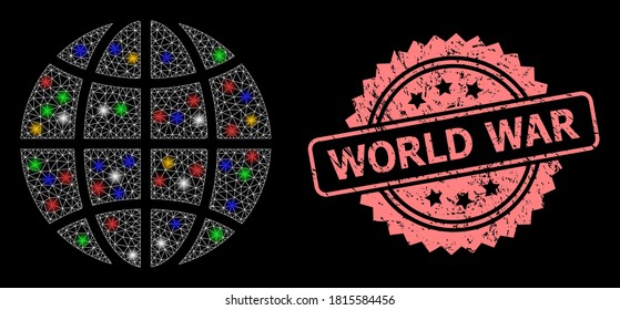 Shiny mesh network globe with light spots, and World War dirty rosette stamp seal. Illuminated vector mesh created from globe symbol. Pink stamp seal has World War title inside rosette.