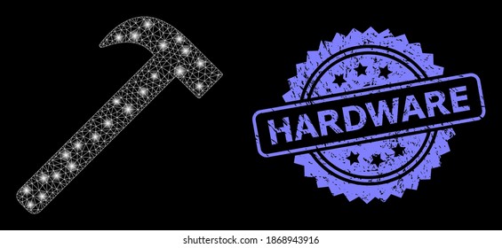 Schlaues Maschennetzhammer-Tool mit Leuchtpunkten und Hardware-gekratzte Rosette-Stempeldichtung. Illuminiertes Vektormodell, das aus dem Symbol des Hammer-Werkzeugs erstellt wurde. Die blaue Stempeldichtung beinhaltet das Hardware-Tag in Rosette.