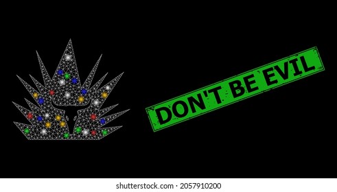 Shiny mesh network hell demon with multicolored glowing spots, and grunge Don'T Be Evil stamp. Green stamp contains Don'T Be Evil tag inside framed rectangle.