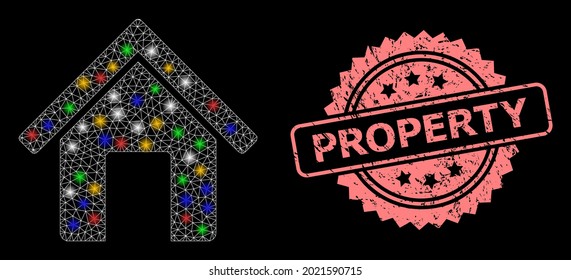 Shiny mesh network home with flash nodes, and Property dirty rosette seal print. Illuminated vector mesh created from home symbol. Pink seal has Property caption inside rosette.