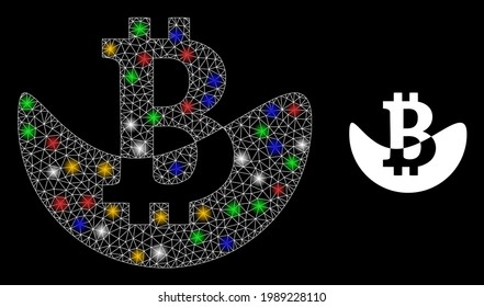Shiny mesh network melting bitcoin with multi colored light spots. Illuminated vector mesh created from melting bitcoin icon. Sparkle constellation mesh melting bitcoin, on a black backgound.