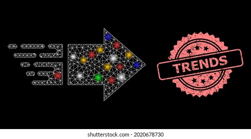 Shiny mesh network move right with light spots, and Trends rubber rosette seal print. Illuminated vector constellation created from move right symbol. Pink seal has Trends title inside rosette.