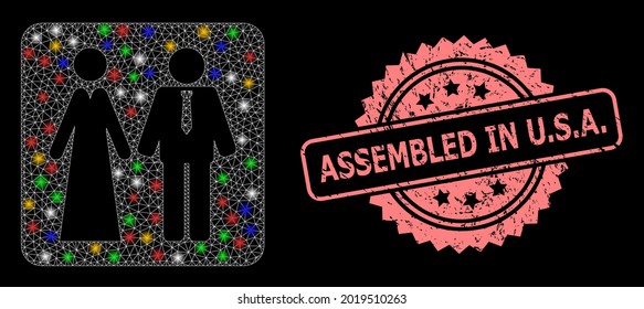 Shiny mesh network newlyweds with flash nodes, and Assembled in U.S.A. corroded rosette seal imitation. Illuminated vector mesh created from newlyweds icon. Pink stamp seal has Assembled in U.S.A.