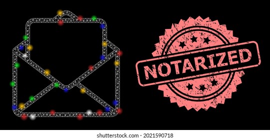 Carta abierta de red de malla brillante con nodos de flash y sello de marca notarial de rosette grunge. Constelación vectorial iluminada creada a partir del icono de letra abierta.