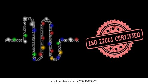 Shiny mesh network pipeline with glowing spots, and ISO 22001 Certified grunge rosette stamp. Illuminated vector mesh created from pipeline symbol.
