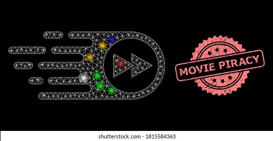Shiny mesh network play forward with light dots, and Movie Piracy corroded rosette stamp seal. Illuminated vector mesh created from play forward icon.