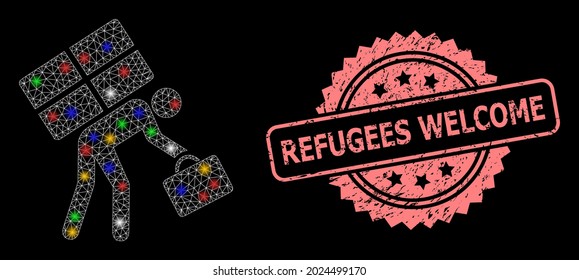 Una persona refugiada de la red de malla brillante con puntos brillantes, y el sello de sello de la rosette de la bienvenida a los refugiados. Estructura vectorial iluminada creada a partir del símbolo de persona refugiada.