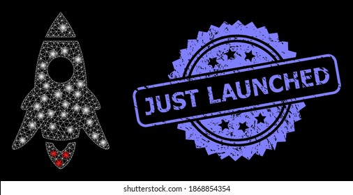Shiny mesh network rocket start with light spots, and Just Launched textured rosette stamp seal. Illuminated vector constellation created from rocket start icon.