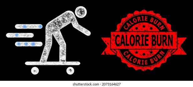 Shiny mesh network scate roller man with glowing spots, and Calorie Burn rubber ribbon stamp. Red stamp seal has Calorie Burn tag inside ribbon.