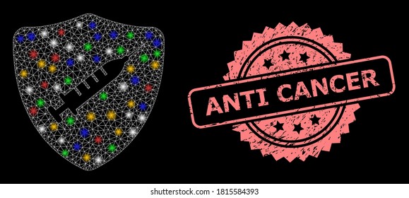 Shiny mesh network shield vaccine with flash nodes, and Anti Cancer rubber rosette seal imitation. Illuminated vector mesh created from shield vaccine icon.