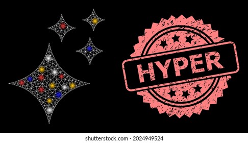 Shiny mesh network shine stars with flash nodes, and Hyper rubber rosette stamp seal. Illuminated vector mesh created from shine stars symbol. Pink stamp seal contains Hyper tag inside rosette.