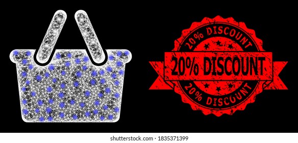Shiny mesh network shopping bag with glowing spots, and 20% Discount rubber ribbon stamp seal. Red stamp seal has 20% Discount text inside ribbon.