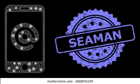 Shiny mesh network smartphone address with lightspots, and Seaman rubber rosette stamp seal. Illuminated vector model created from smartphone address icon.