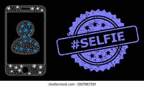 Shiny mesh network smartphone portrait with lightspots, and Hashtag Selfie unclean rosette seal. Illuminated vector model created from smartphone portrait icon. Blue seal includes Hashtag Selfie tag