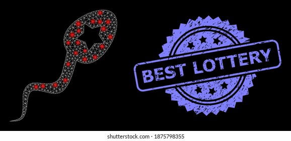 Shiny mesh network sperm winner with glowing spots, and Best Lottery unclean rosette stamp seal. Illuminated vector constellation created from sperm winner icon.