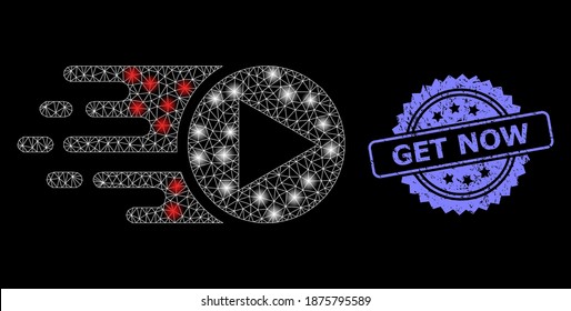 Shiny mesh network start play with light spots, and Get Now unclean rosette seal. Illuminated vector model created from start play icon. Blue stamp seal includes Get Now text inside rosette.