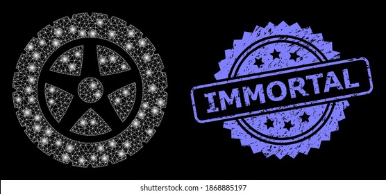 Shiny mesh network tire wheel with glowing spots, and Immortal rubber rosette seal imitation. Illuminated vector constellation created from tire wheel icon.