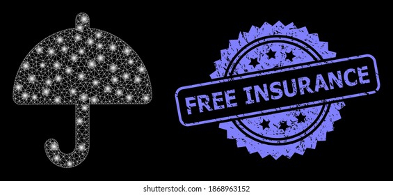 Shiny mesh network umbrella with light spots, and Free Insurance scratched rosette seal imitation. Illuminated vector model created from umbrella icon.