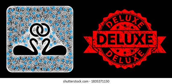 Brillantes cisnes de bodas en red de malla con manchas de luz y sello de timbre impuro de lazo de lujo. El sello rojo tiene la leyenda Deluxe dentro de la cinta.