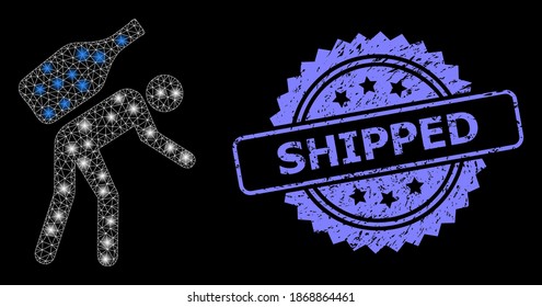 Shiny mesh network wine courier with glowing spots, and Shipped unclean rosette stamp seal. Illuminated vector model created from wine courier icon. Blue seal contains Shipped tag inside rosette.