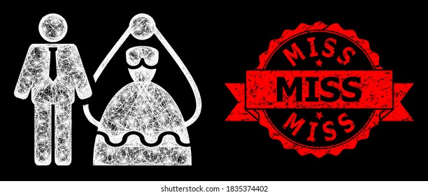 Shiny mesh polygonal bride and groom with glowing spots, and Miss rubber ribbon stamp seal. Red seal includes Miss caption inside ribbon.