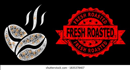 Brillante malla de grano de café poligonal aroma con focos livianos, y estampado de sellado fresco de cinta de grunge asada. El sello rojo contiene texto tostado fresco dentro de la cinta.