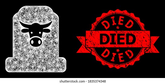 Shiny mesh polygonal cow cemetery with glowing spots, and Died unclean ribbon seal. Red stamp seal includes Died tag inside ribbon.