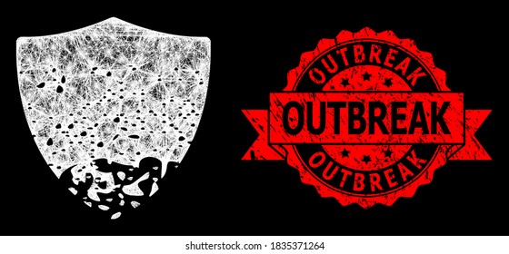 Shiny mesh polygonal damaged shield with lightspots, and Outbreak rubber ribbon seal imitation. Red seal includes Outbreak text inside ribbon.
