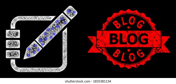 Shiny mesh polygonal edit records with light spots, and Blog grunge ribbon stamp seal. Red seal includes Blog text inside ribbon.