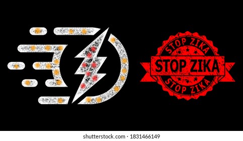 Shiny mesh polygonal electrical charge with lightspots, and Stop Zika unclean ribbon stamp. Red stamp includes Stop Zika tag inside ribbon.