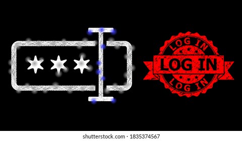Shiny mesh polygonal password field with light spots, and Log In scratched ribbon seal imitation. Red stamp seal has Log In caption inside ribbon.