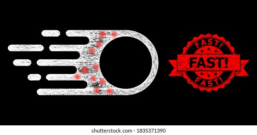 Shiny mesh polygonal photon flight with lightspots, and Fast! grunge ribbon stamp seal. Red stamp seal has Fast! tag inside ribbon.