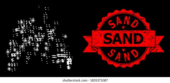 Shiny mesh polygonal sand swarm with lightspots, and Sand scratched ribbon seal print. Red stamp seal includes Sand text inside ribbon.