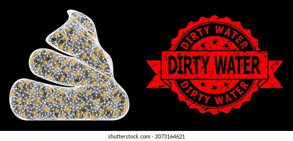 Shiny mesh polygonal shit with glowing spots, and Dirty Water corroded ribbon stamp seal. Red seal includes Dirty Water title inside ribbon.