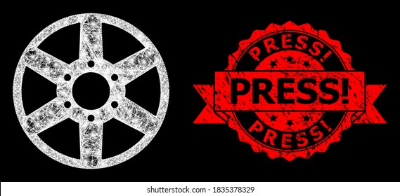 Shiny mesh polygonal wheel with glowing spots, and Press! textured ribbon seal imitation. Red seal has Press! title inside ribbon. Illuminated vector model created from wheel icon with white mesh.
