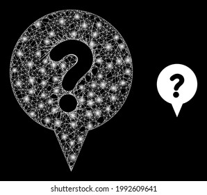 Pancarta de preguntas de malla brillante con focos de luz. Malla plana de marco lineal generada con el cruce de líneas blancas y el icono de la pancarta de preguntas.