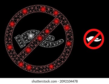 Malla brillante deja de pedir un icono de la web de mano con manchas brillantes. El modelo iluminado se realiza desde el punto de vista de dejar de preguntar el icono del vector de mano. Carcasaca brillante web polígono dejar de pedir mano, en un fondo negro.