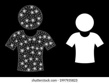 Shiny mesh web boy with lightspots. Illuminated vector model created from boy icon with white mesh. Sparkle carcass mesh polygonal boy. Linear carcass flat mesh in eps10 vector format.