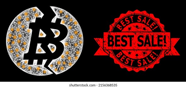 Shiny mesh web broken bitcoin with glowing spots, and Best Sale. rubber ribbon seal. Red seal has Best Sale. title inside ribbon.